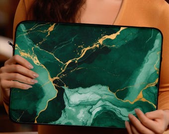 Emerald Green Marble Laptop Sleeve, Gold Vein MacBook Case, Foam Padded Cover Case, Pouch