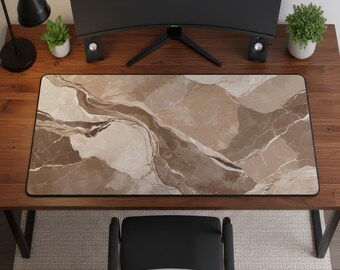 Alfombrilla de escritorio abstracta de mármol beige, alfombrilla de ratón grande minimalista neutra, configuración de espacio de trabajo de oficina.