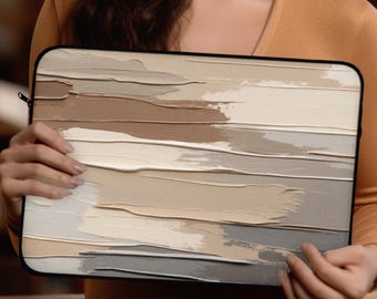 Etui na laptopa w kolorze neutralnego beżu i szarości z abstrakcyjnym wzorem, z wyściółką, do MacBooków i tabletów