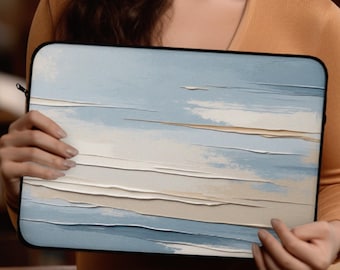 Etui na laptopa z abstrakcyjnym pociągnięciem pędzla, wyściełane etui w kolorze nadmorskiego błękitu i beżu