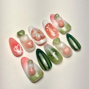 Hand Painted Mitsuri Kanroji Demon Slayer Press On Nails | Dango Nail Art | Anime I