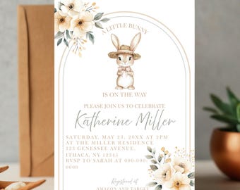 Bunny Baby Shower Invitation Template, Spring Neutral Baby Shower Invite, Editable Digital Download