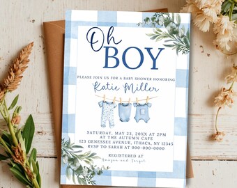 Sjabloon uitnodiging babyshower Oh Boy, aquarel blauw pastel babyshower, babyshower uitnodiging, klassieke babyshower
