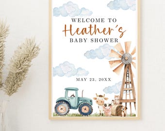 Farm Baby Shower Welcome Sign Template, A Little Farmer is on the Way, Tractor, Animals, Windmill, Barnyard animals, Printable 18x24, 24x36