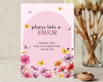 Pink Butterfly Baby Shower Favor Sign & Thank You Tags, Wildflower Girl Baby Shower Template, Editable Favor Table Sign + Tags, Shower Decor
