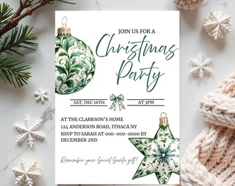 Green Chinoiserie Christmas Invitation, Holiday Party Invitation with Ornaments, Sled, & Bow, Editable Template, Classic Timeless Christmas