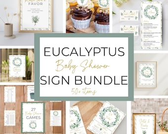 Eucalyptus Baby Shower Invitations & Signage Bundle, Oh Baby Greenery Printable Party Pack, Editable Canva Templates, Baby Shower Decor Set