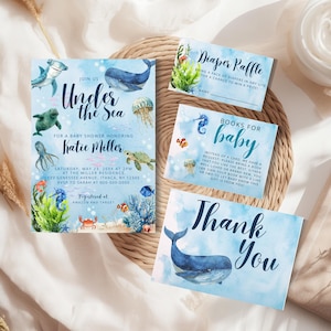 Under the Sea Baby Shower Invitation Bundle, Ocean & Sea Animals Theme, Diaper Raffle, Books for Baby, and Thank You Card Templates