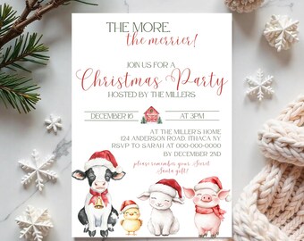 Puede incluir: Invitación a una fiesta de Navidad con el texto "The More, the merrier!" y "Christmas Party". La invitación presenta ilustraciones de una vaca, un pollito, un cordero y un cerdo, todos con gorros de Papá Noel. La invitación está decorada con copos de nieve.