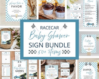 Racecar Baby Shower Collection, 50+ Printable Templates, Invitation Set, Signs, Games, Welcome Signs, Shower Stations, Blue Racecar Theme