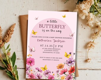 A Little Butterfly is on the Way Baby Shower Invitation Template, Butterfly & Wildflower Theme, Editable Digital Download, Floral Shower