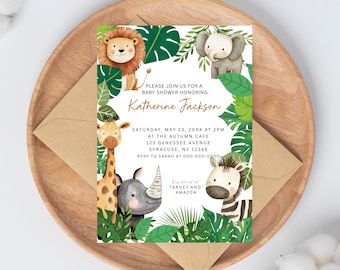 Safari Baby Shower Invitation Template, Jungle Animals & Green Safari Leaves, Wild One, Editable Digital Download, Gender Neutral Shower