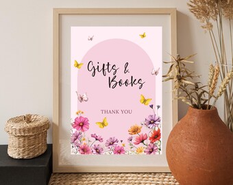 Pink Butterfly Baby Shower Gift & Book Sign Template, Wildflower Baby Shower, Girl Baby Shower Signage, Digital Download, Books for Baby