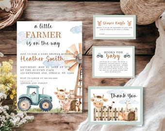 Farm Baby Shower Invitation Bundle Template, A Little Farmer is on the Way Set, Tractor, Windmill, Animals, Diaper Raffle, Books for Baby