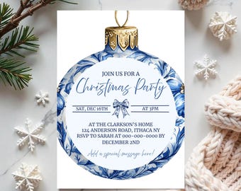 Blue Chinoiserie Christmas Invitation, Holiday Party Template with Ornament & Vintage Truck, Printable Christmas Invite, Holiday Gathering