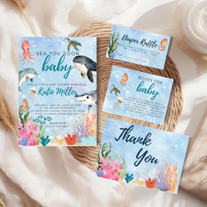 Sea You Soon Baby Shower Invitation Bundle, Ocean Baby Shower, Under the Sea Animals Templates, Diaper Raffle, Books for Baby, Thank You