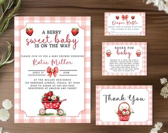 Strawberry Baby Shower Invitation Set, A Berry Sweet Baby is on the Way, Red Gingham Invite, Diaper Raffle, Books for Baby, Thank You