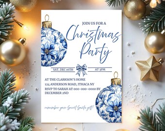 Blue Chinoiserie Christmas Party Invitation, Holiday Invitation with Ornaments & Truck, Editable Template, Modern Classic Party Invite