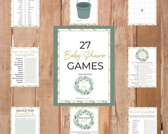 27 Eucalyptus Baby Shower Game Bundle, Greenery Printable Game Pack, Editable Canva Templates, Modern Boho Neutral Baby Shower Activities