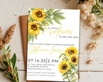 Sunflower Baby Shower Invitation Template, A Little Sunflower is on the Way, Gender Neutral Shower, Summer Greenery Shower, Editable