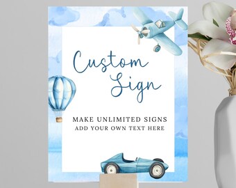 Oh Boy Blue Transportation Baby Shower Custom Sign, Editable Template, Airplane, Balloon, Racecar Theme, Oh Boy Baby Shower, 5x7 and 8x10