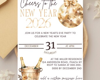 Boho Gold New Year's Eve Invitation, Cheers to the New Year Template with Disco Ball, Champagne, and Florals, Editable NYE Party Invite