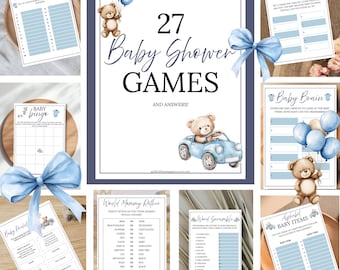 Paquete de juegos para baby shower de osito azul, 27 juegos y actividades editables, tema "Podemos esperar", set imprimible para baby shower de niño