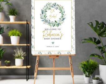 Eucalyptus Baby Shower Welcome Signs, Greenery Printable Sign, Editable Canva Template, Neutral Baby Shower Decor, Oh Baby Party Sign