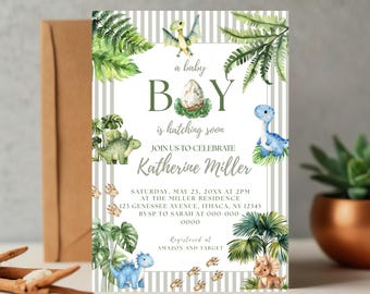 Faire-part de baby shower dinosaure, un petit garçon va éclore bientôt, modèle modifiable, invitation imprimable