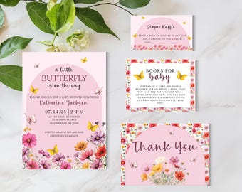 Floral Butterfly Baby Shower Invitation Bundle, Wildflower Shower, Girl Baby Shower Invitation, Diaper Raffle, Books for Baby, Thank You
