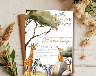A Little Wild One is on the Way Baby Shower Invitation Template, Safari Animal & Elegant Jungle Theme, Editable Download, Gender Neutral