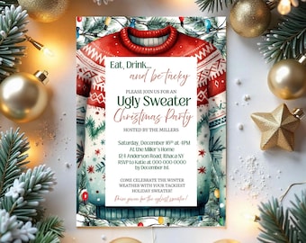 May include: A festive invitation for an Ugly Sweater Christmas Party. The design features a watercolor illustration of a red and white sweater. The invitation includes event details, surrounded by Christmas ornaments and greenery.