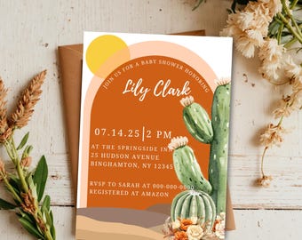 Cactus Baby Shower Invitation Template, Midwestern Desert Vibes with Burnt Orange Florals, Gender Neutral Shower, Editable Digital Download