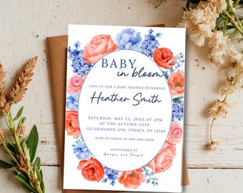 Baby in Bloom Baby Shower Invitation, Blue and Coral Baby Shower Invite, Spring Summer Invite, Editable Template