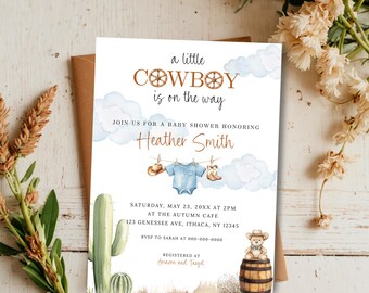 A Little Cowboy is on the Way Baby Shower Invitation Template, Western Theme with Cactus & Tumbleweed, Teddy Bear, Editable Digital Download