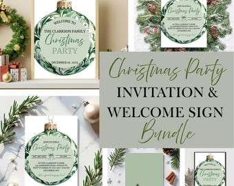 Green Chinoiserie Christmas Party Invitation & Welcome Sign Bundle, Elegant Classic Holiday Ornament Theme, Editable Gathering Party Decor
