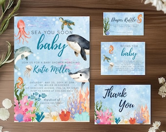 Sea You Soon Baby Shower Invitation Set, Ocean Baby Shower, Under the Sea Editable Templates, Diaper Raffle, Books for Baby, Thank You