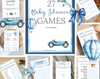 Oh Boy Blue Transportation Baby Shower Game & Activity Bundle, 27 Printable Games and Activities, Airplane, Balloon, Racecar Theme, Editable
