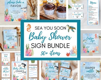 Sea You Bald Baby Shower Kollektion, 50+ druckbare Vorlagen, Einladungsset, Schilder, Willkommensschild, Spiele, Tags, Aquarell Meerestiere