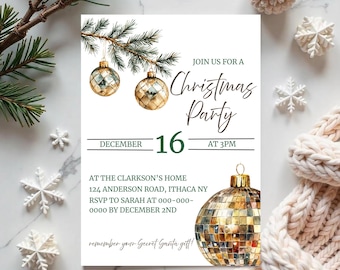 Puede incluir: Invitación a una fiesta de Navidad con detalles dorados y verdes. La invitación incluye el texto "Join us for a Christmas Party" y los detalles del evento el 16 de diciembre a las 15:00. La invitación también incluye un recordatorio del amigo invisible.