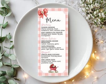 Strawberry Baby Shower Menu & Food Label Cards or Place Cards, Red Gingham Baby Shower Template, Berry Sweet Shower Menu Sign + Tent Cards