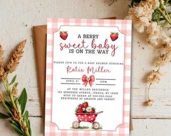 Strawberry Baby Shower Invitation Template, Red Gingham, A Berry Sweet Baby is on the Way, Spring Summer Baby Shower, Rustic Baby Shower