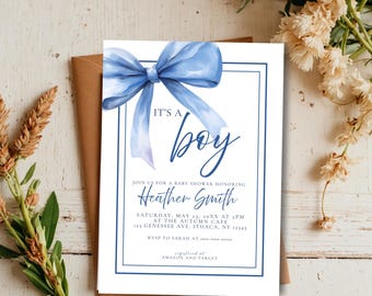 Blue Watercolor Bow Baby Shower Invitation Template, It's a Boy Baby Shower Invite, Classic Baby Shower Invite Theme, Editable Template