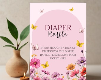 Pink Butterfly Baby Shower Diaper Raffle Sign & Tickets, Wildflower Baby Shower Template, Girl Baby Shower Printable, Baby Shower Decor