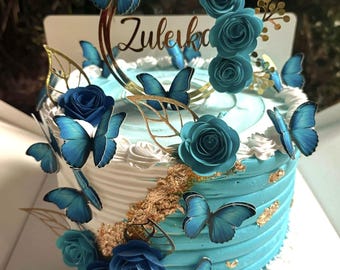 Adorno para pastel de mariposas y rosas • Adorno personalizado con nombre • Decoración floral azul para cumpleaños