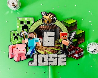 Adorno para tarta de Block World / Decoración personalizada para tarta de cumpleaños con píxeles / Decoración para fiesta infantil con nombre personalizado