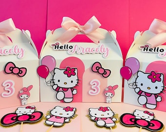 Pink Bow Kitty Favor Box | Personalized Birthday Treat Box | Custom Name Kawaii Party Decor