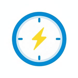 Könnte beinhalten: Ein blau-weißes Zifferblatt mit einem gelben Blitz in der Mitte. Die Uhr hat blaue Markierungen an den Positionen 12, 3, 6 und 9 Uhr. Das Design ist einfach und modern, geeignet für digitale oder gedruckte Anwendungen.