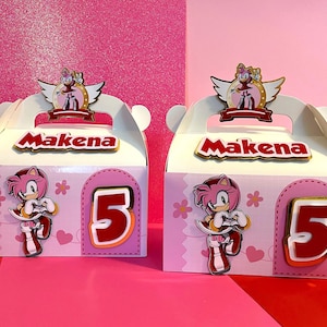 May include: Two white party favor boxes with pink accents. Each box features a cartoon character, the name "Makena", and the number "5". The boxes have a handle and are decorated with flowers and hearts. The background is pink.