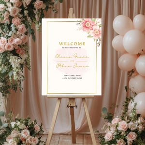 Blush Pink & Gold Floral Wedding Welcome Sign: Editable Canva Template
